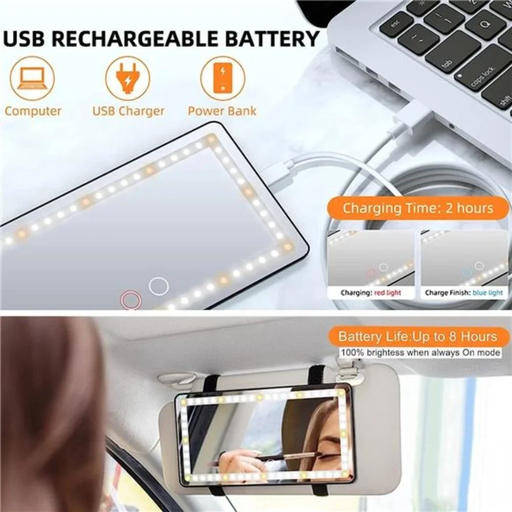 Car Sun Visor Vanity Mirror,2 Pcs Rechargeable Makeup Mirrors with 3 Light Modes